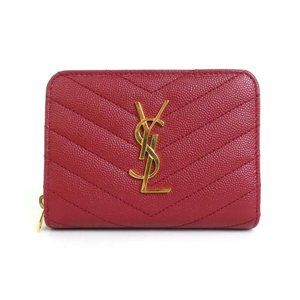 Auth Saint Laurent Bifold Wallet Red Leather/Goldt